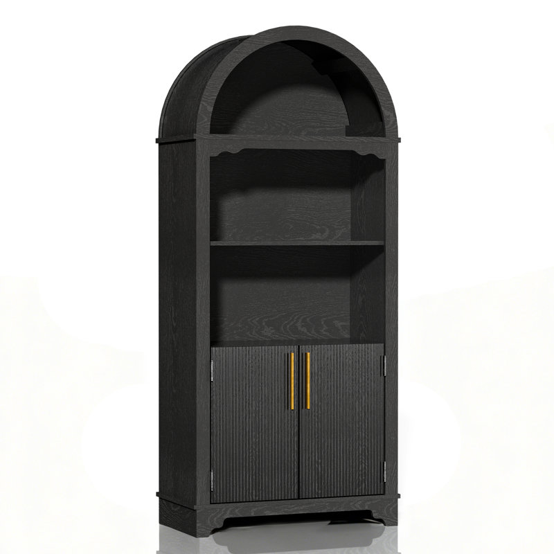 Arched Display Cabinet With Decorative Striped Doors, Modern Accent Storage Cabinet, Satin Black