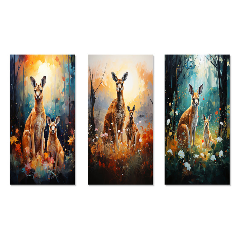 Adorable fleur de kangourou, oasis - ensemble de 3 peintures murales sur toile kangourou, Toile tendue, H 28 po x l 36 po