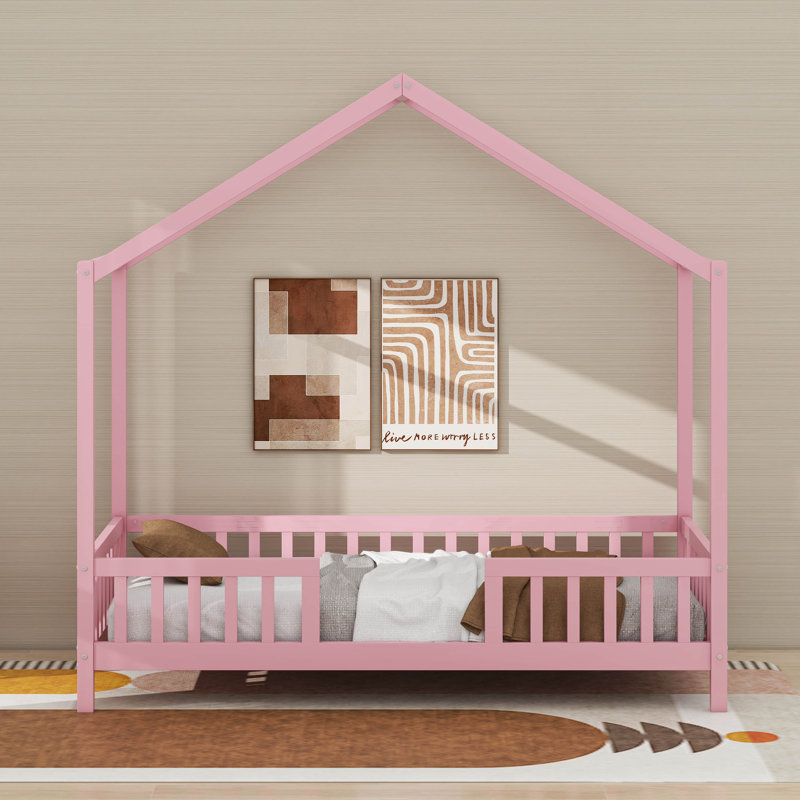 Lit sur pied avec auvent, lit maison avec rampes hautes, structure de lit plateforme en bois avec toit, Full, Naturel