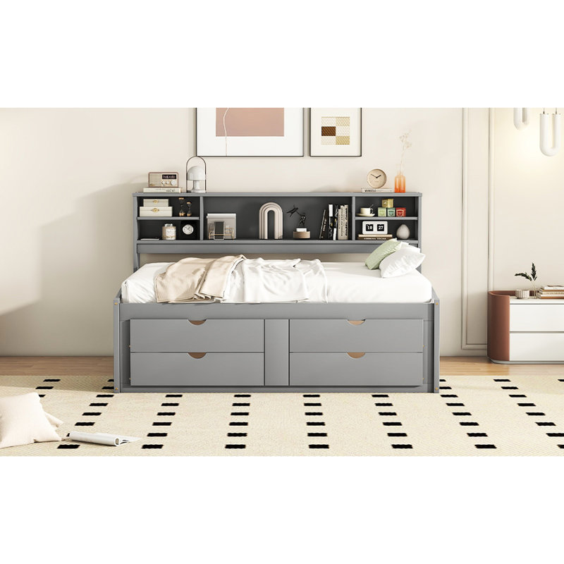 Gray Daybed With 2 Bedside Cabinets, 4 Drawers And Upper Shelves - , Functional Bedroom Furniture & Versatile Shelf Setup