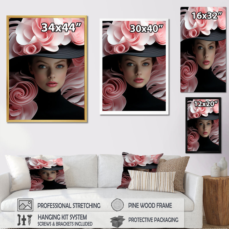 Femme chic avec chapeau floral - imprimé, Toile tendue, H 20 po x l 12 po
