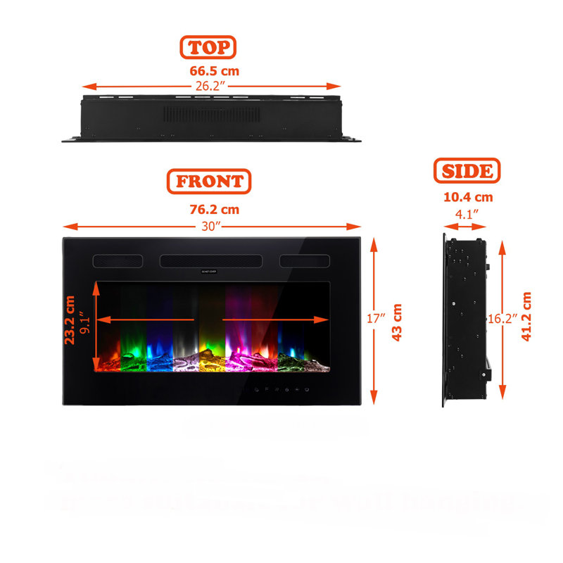 Ultra-thin Electric Fireplace Low Noise, Touch Screen & Remote Control, With Crystal & Log Set, Black, 17" H x 30" W x 4.1" D