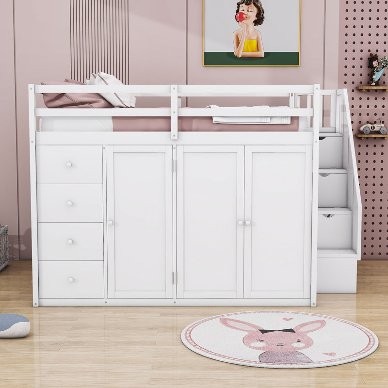Jenkarlo Full 4 Drawers Wood Loft Bed With Built-in Wardrobes, White