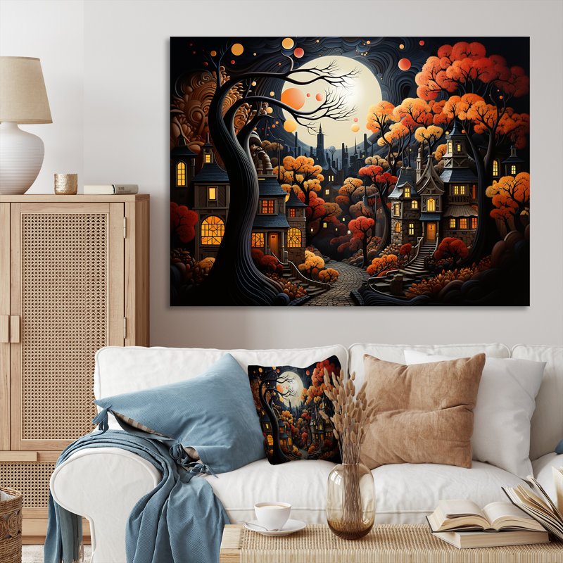 Cozy village in Autumn Moonlit IV - Art mural art déco urbain, Toile tendue, H 24 po x l 32 po x P 1 po