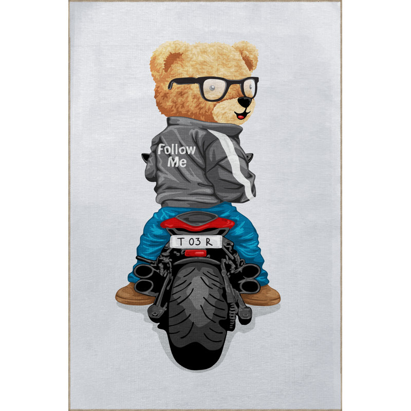 Multi-Coloured Retro Themed Motorized Teddy Bear Patterned Creative Modern Decorative Rug, Runner 3'3.37" x 9'10.11"