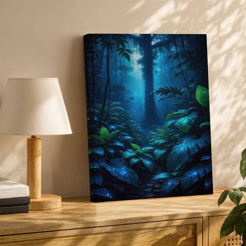 Toile, "Mystical Forest Scene Illuminated By Soft Ethereal Blue Bioluminescence", art mural parmi des feuilles surdimensionnées luxuriantes