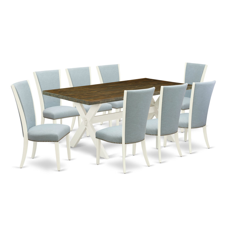 Laumann Solid Wood Dining Set, Distressed Jacobean/Linen White, 9 Pieces: Table, 8 Chairs, Baby Blue