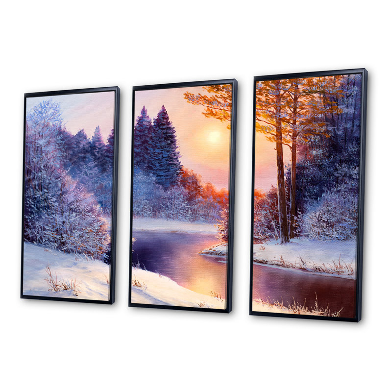 Forêt de Noël avec rivière - ensemble d'art mural sur toile encadré paysage de 3, Noir, H 32 po x l 48 po