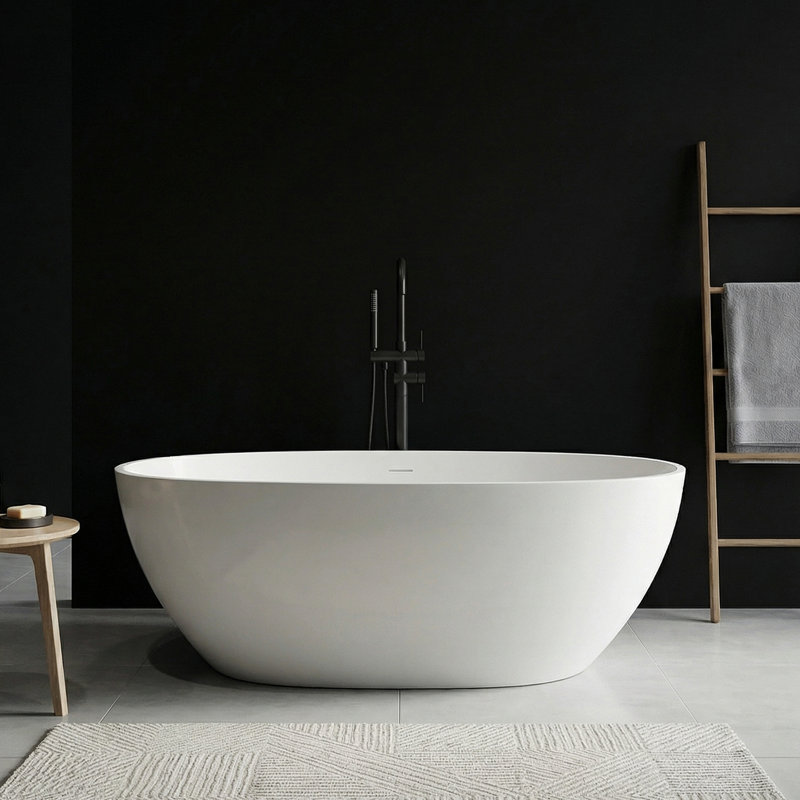 55" Resin Stone Freestanding Bathtub, Elegant Oval Freestanding Bathtub, Solid Surface Bathtub, Matte White, Cupc Certified, Pop-up Drain Pipe, And Minimalist Linear Design Overflow
