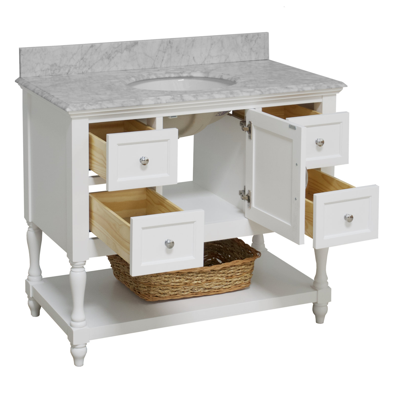 Hampton 42'' Single Bathroom Vanity, White, Carrara Marble