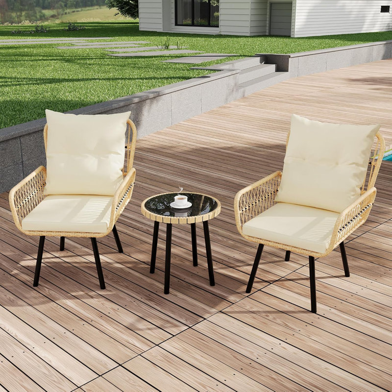 3 Pieces Patio Bistro Set, Outdoor Wicker Conversation Chair Set with Glass Top Coffee Table, Cushions, All-Weather Rattan Balcony Furniture for Porch, Backyard, Deck, Poolside