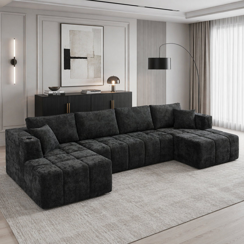 Canapé modulaire en chenille, canapé désossé de style nuage avec méridienne, canapé rembourré moderne avec porte-gobelets et poches latérales, canapé à compression