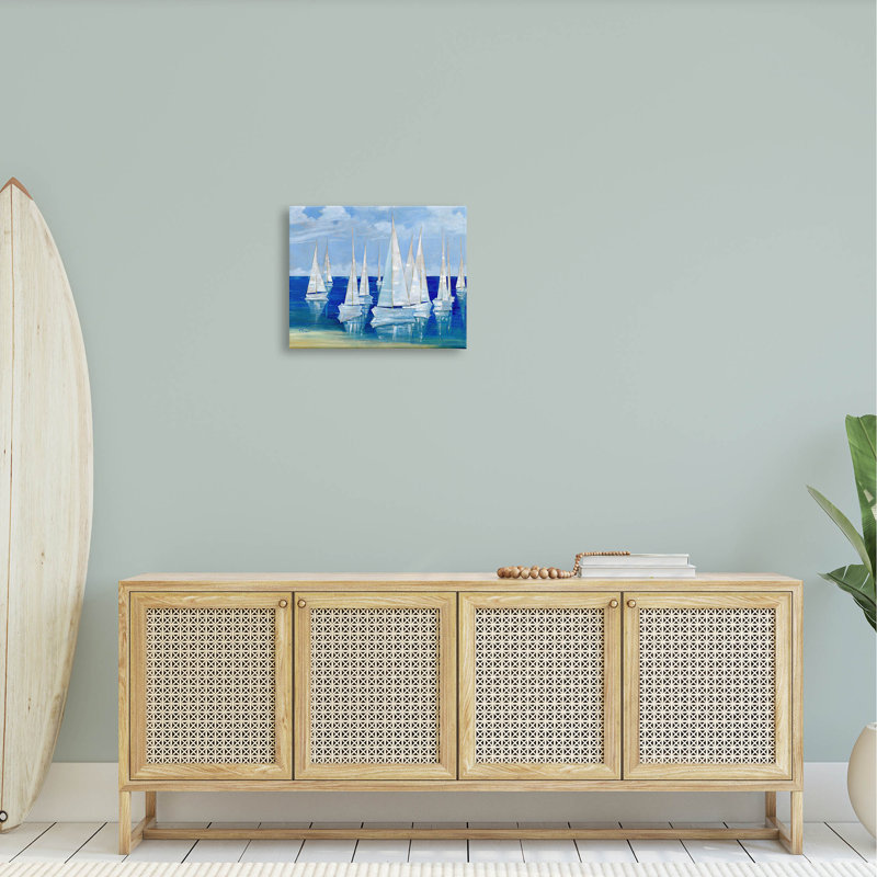 «Blanco Beach Voiliers Reflecting Coast» par Paul Brent - peinture sur toile tendue, H 16 po x l 20 po x P 1,5 po