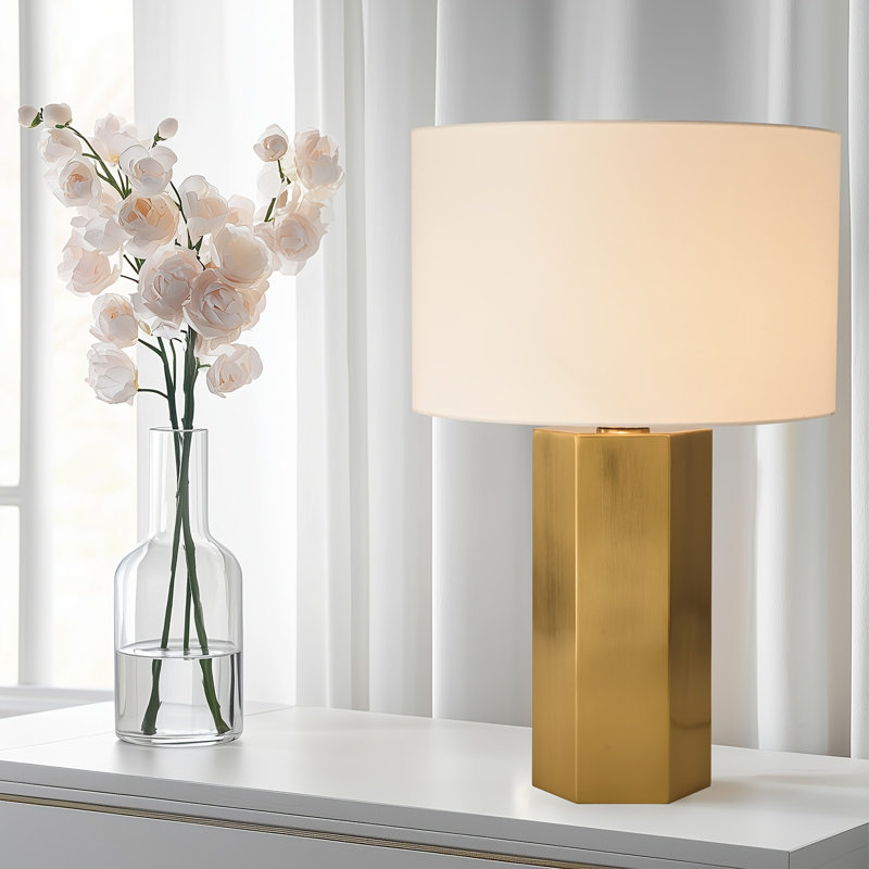 Lampe de table 20,8 po avec base en métal doré et abat-jour en lin, douille E26 - Éclairage décoratif moderne pour la chambre à coucher, le salon ou le bureau