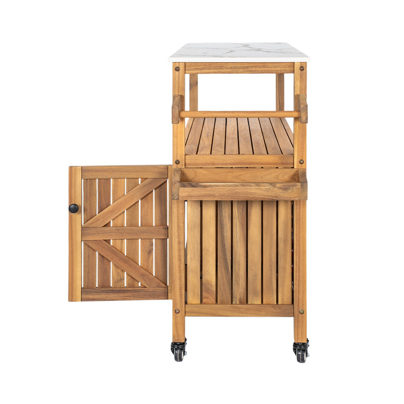 Chariot-bar d'extérieur en bois d'acacia de patio, finition naturelle, ensemble de 1