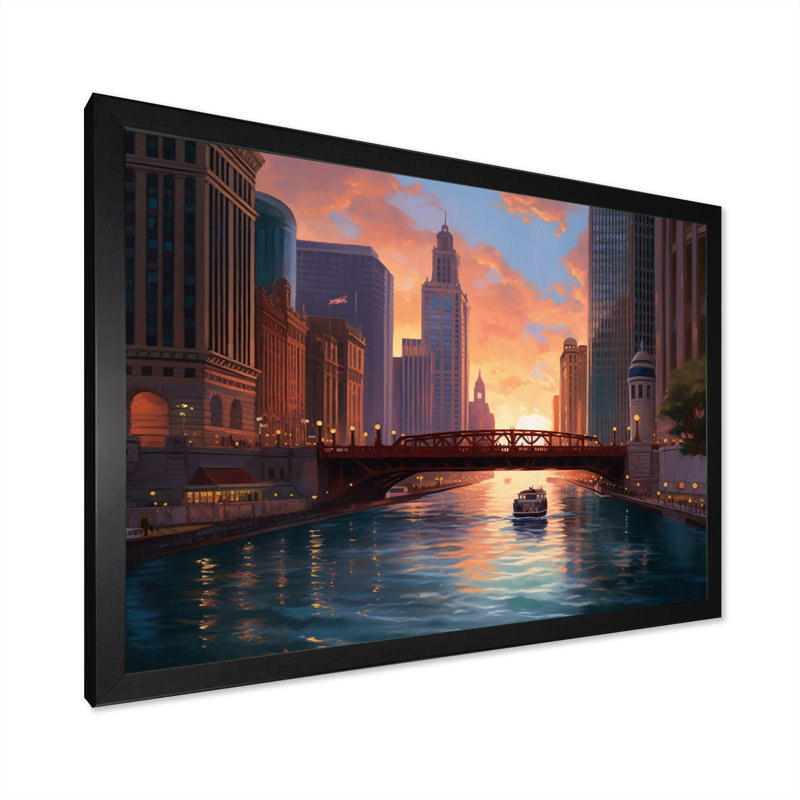 Chicago City Scene IV, reproduction d'art sur toile, Cadre photo noir, H 16 po x l 32 po x P 1 po