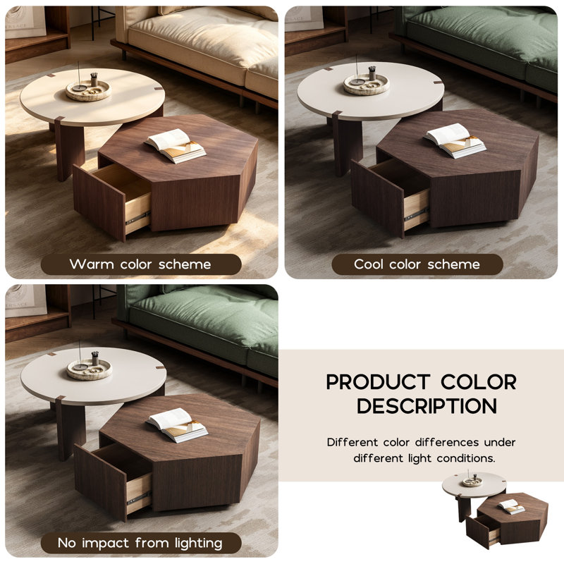 Pompilie 2-Piece Modern Coffee Table Set, Small Living Room Table with Hexagonal Storage Cabinet