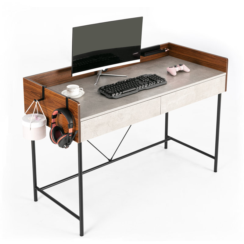 Bureau d'ordinateur 48 po avec 2 tiroirs et quincaillerie en métal, Noyer / ciment