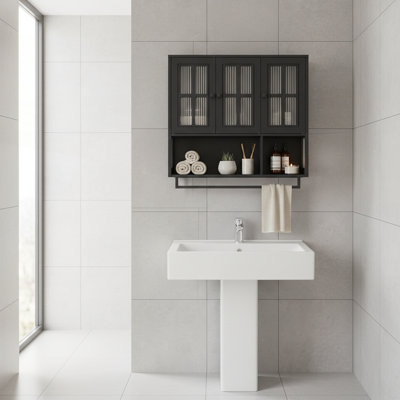 3-Door Wooden Wall Cabinet with Open and Hidden Storage Space