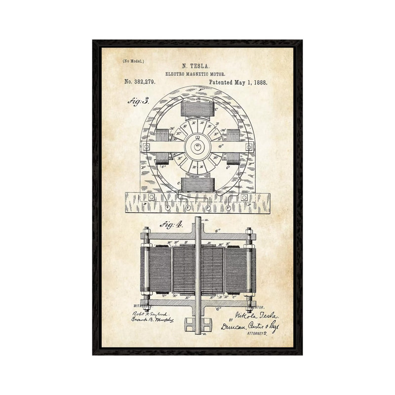 Nikola Tesla Electromagnetic Motor by Patent77 - Floater Frame Gallery-Wrapped Canvas Giclée on Canvas, Black