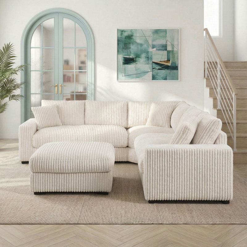 98" Modern Plush Corduroy Sectional Sofa with Modular, Reversible Design, Beige Corduroy