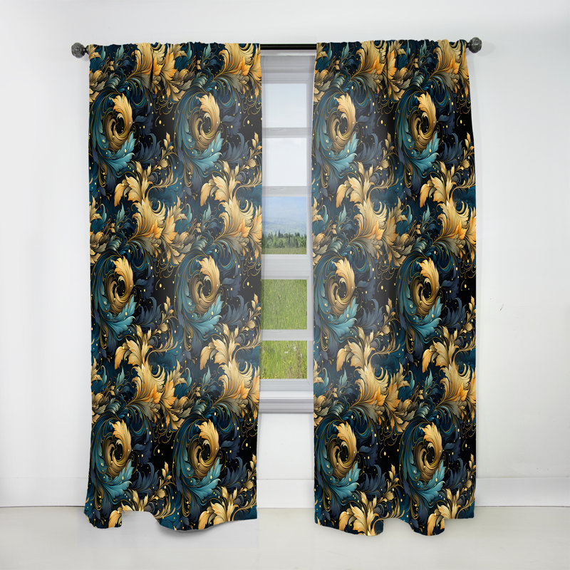Blue And Yellow Cosmic Damask Whirls - Damask Curtain - Velvet Room Darkening - 1 Panel, 52" W x 120" L