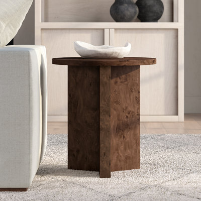 Potbelly 20" Round Side Table with Cross Base in Espresso Burl | Mid-Century Modern Accent Table for Living Room or Bedroom