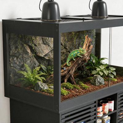 Aquarium de 454 litres avec support, portes en verre à ouverture frontale et dessus en filet, enclos avec placards de rangement et prise électrique intégrée pour dragons barbus, serpents, lézards, geckos ou tortues (ampoules et abat-jour non inclus).