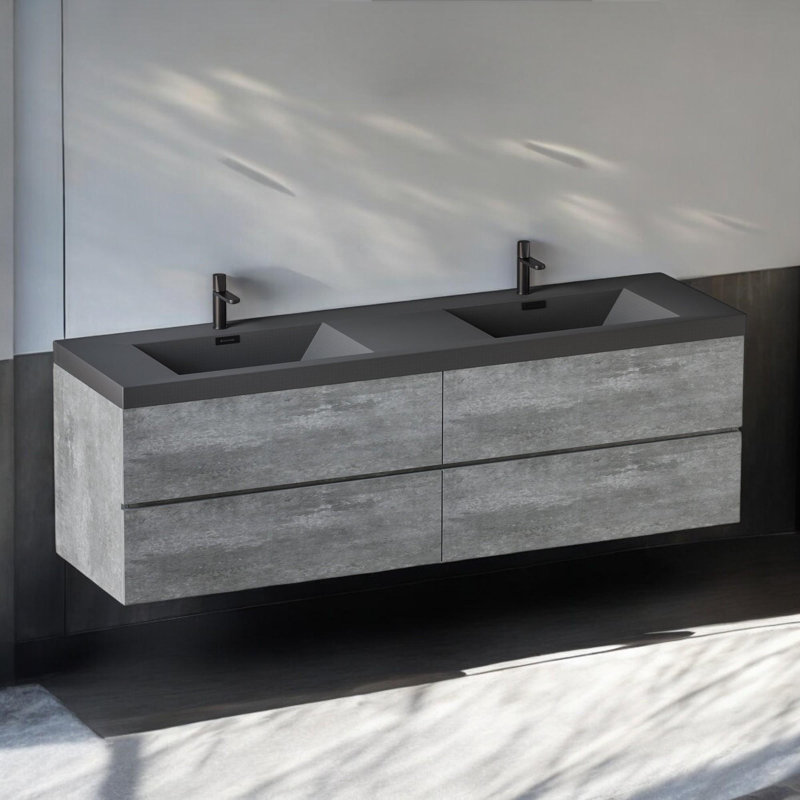 Meuble-lavabo double 59 po avec comptoir en quartz Lecio, Noir mat