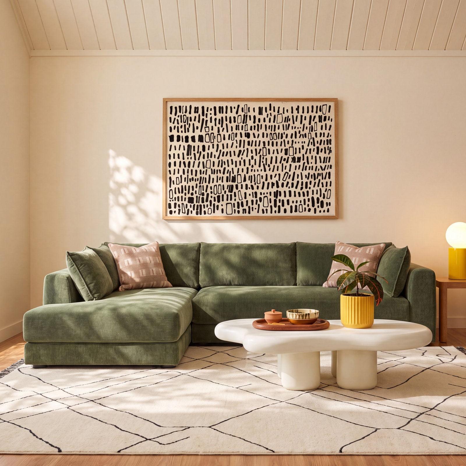 Marcel Velvet Sofa and Chaise, Sagano Green Fabric, Left Hand Facing