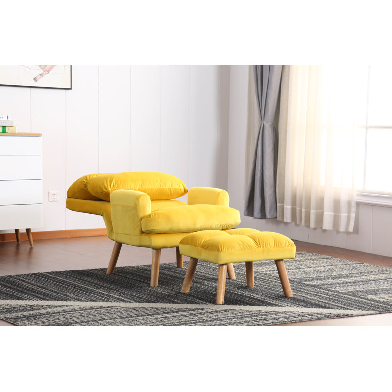 Fabric Accent Chair With Ottoman Set, Wood Legs And Adjustable Backrest, Yellow Fabric, Oak