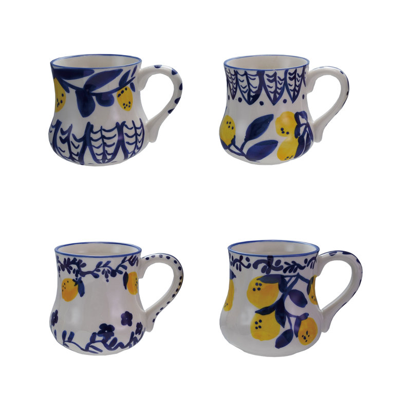 Grande tasse en grès 4 pièces avec citrons, 16 onces, blanc, bleu et jaune