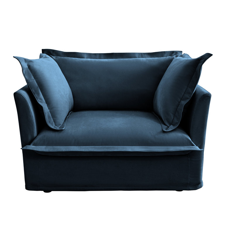 Fauteuil avec chenille, couleur bleue, assise profonde, tissu chenille confortable, bleu, 1 grand coussin de dossier et 2 coussins, siège
