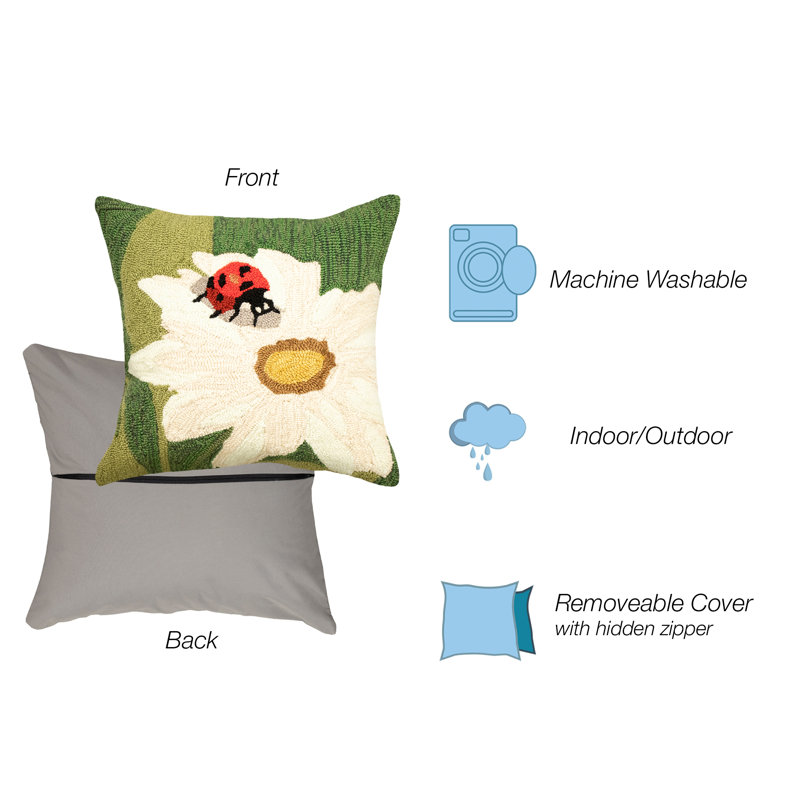 Green and White Floral Ladybug Accent Pillow