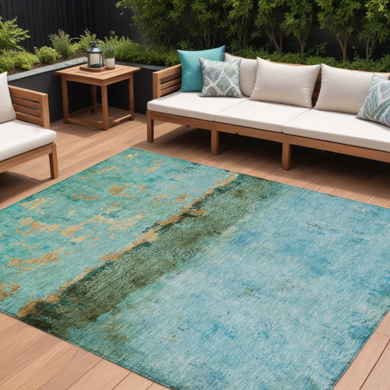 Tapis bleu sarcelle et doré à motif abstrait abstrait bleu sarcelle et doré Fagundes 9 pi x 12 pi
