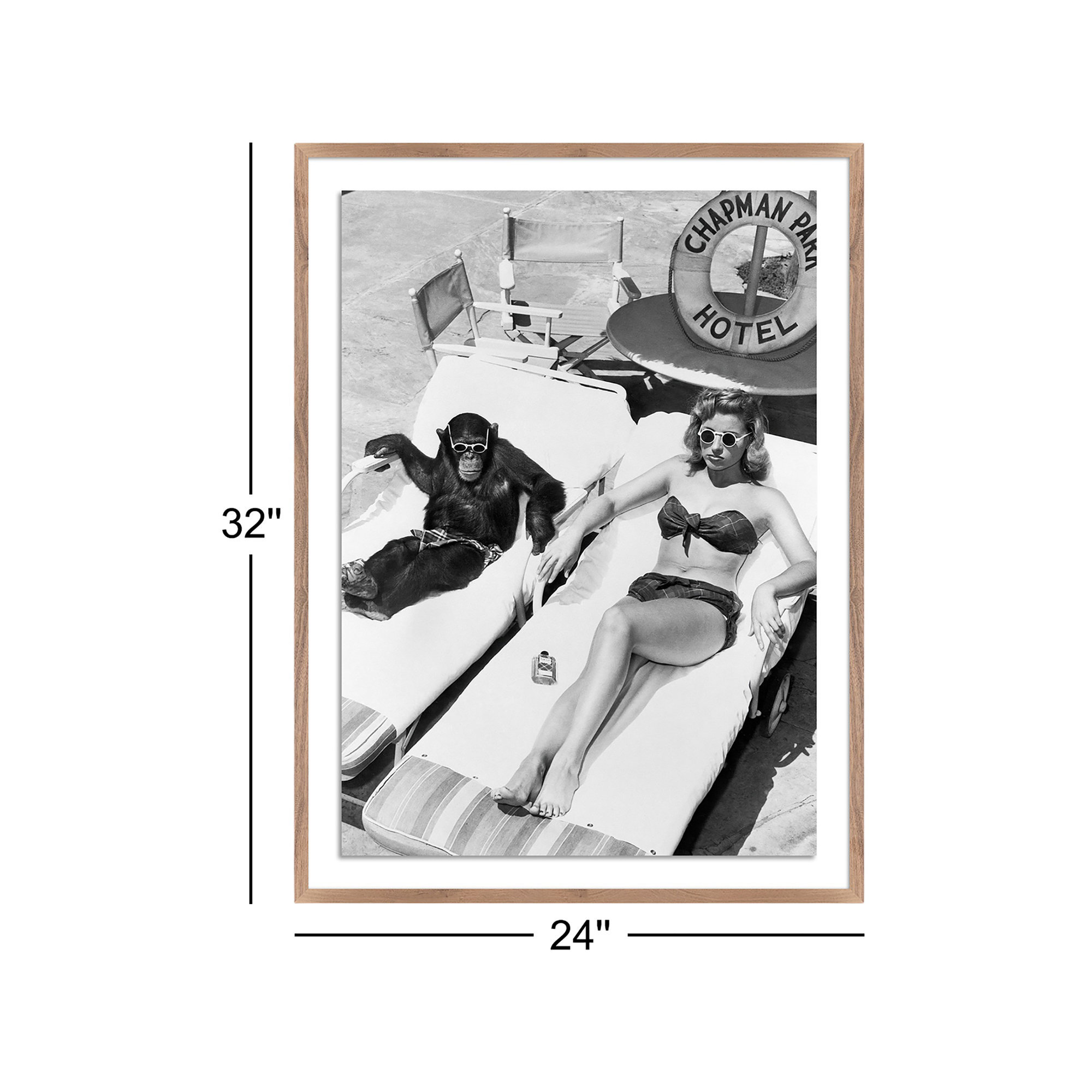 Woman Sunbathing With Chimpanzee by Getty Images, Rustic Walnut Framed, 32" H x 24" W