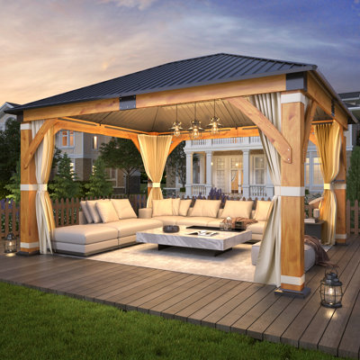 15 Ft x 13 Ft Outdoor Spruce Wood Hardtop Gazebo, Heavy-Duty Galvanized Steel Gazebo with Privacy Curtain and Nettings