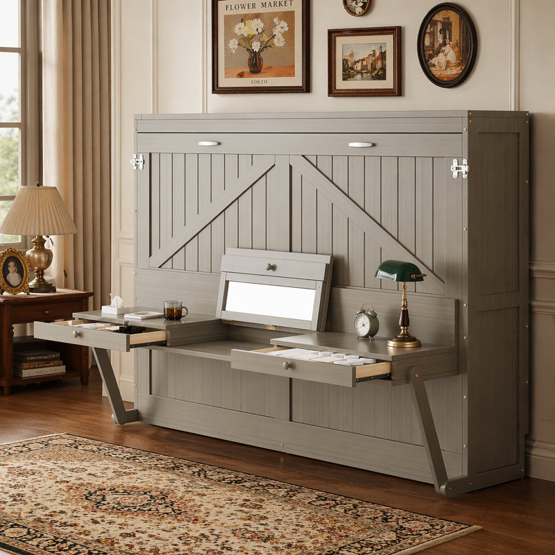 Lit escamotable mural avec rangement, armoire-lit pliable avec coiffeuse, miroir central et 2 tiroirs latéraux, Gris