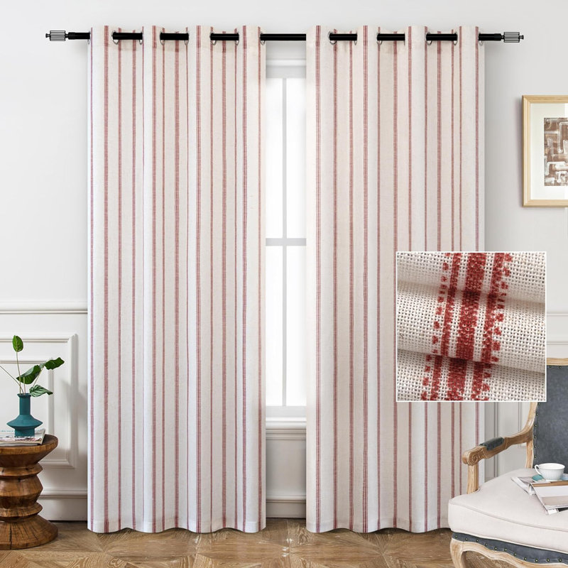 Blackout Curtain Pair, Red Stripe/Light Linen, 52" W x 90" L