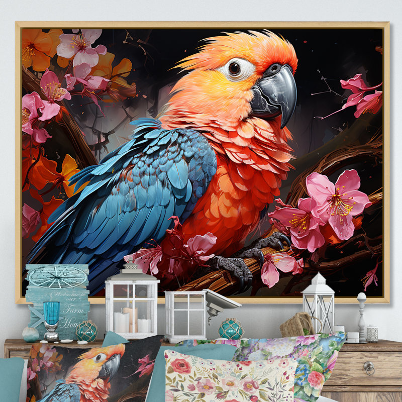 Perroquets Rhapsodie tropicale I, H 24 po x l 32 po x P 1 po, Cadre flottant naturel