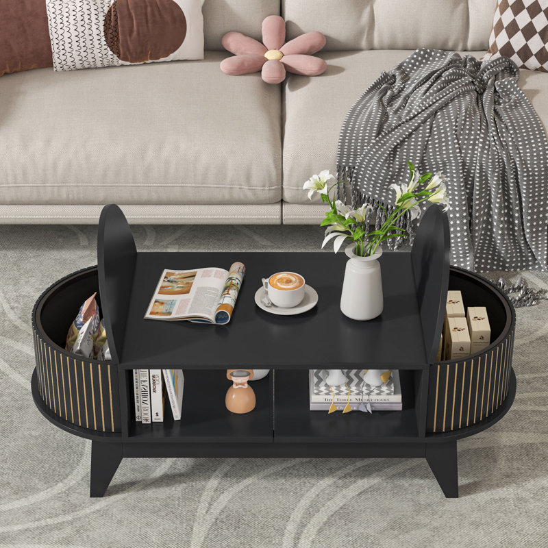 Black Oval MDF Coffee Table with Fluted Storage