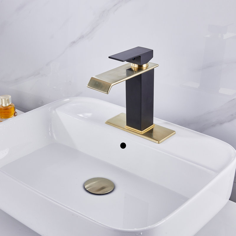 Robinet pour salle de bain à poignée simple avec drain, Noir / or brossé