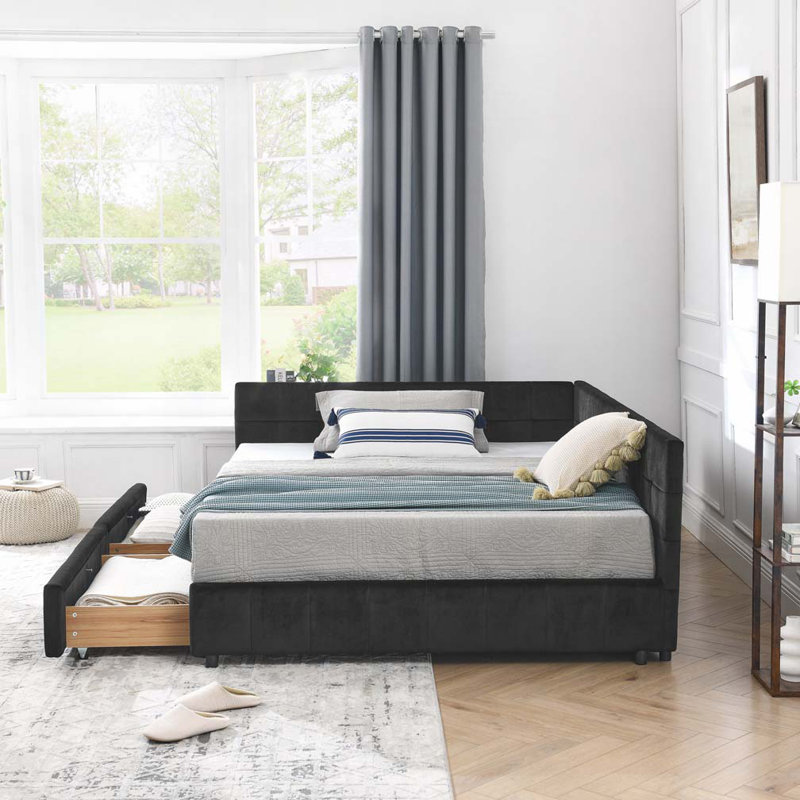 Lit de jour en velours avec rangement, Complet/Double, Noir
