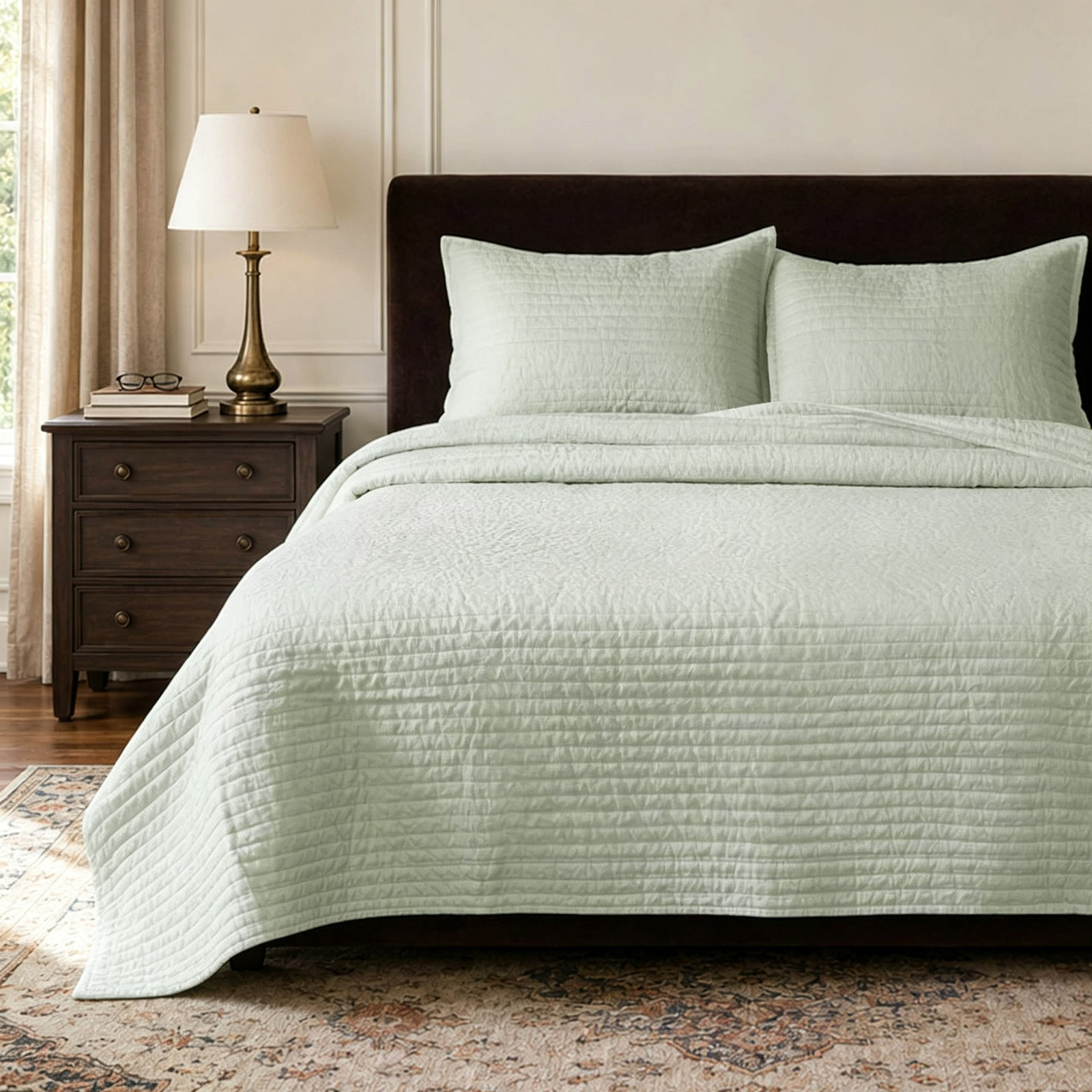 100% French Linen Channel Quilted Breathable Quilt Set With Shams, Desert Sage, King Quilt + 2 King Shams