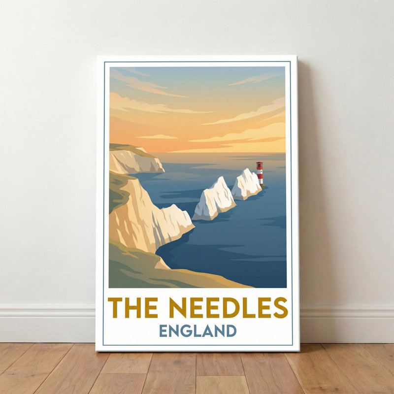 The Needles, England - Isle Of Wight Cliffs At Sunset | Romantic Travel Poster. Giclee Print On Wrapped Canvas. Wall Art, Home Decor - Natural Landmarks, England - Wrapped Canvas Print