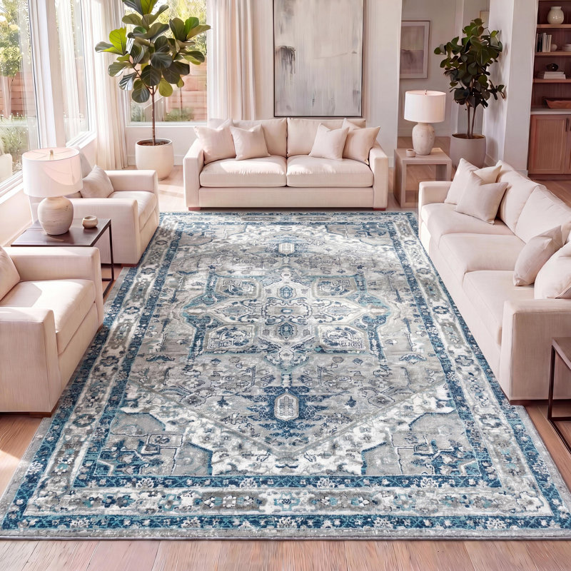 Lazaro Modern Persian Vintage Medallion Light Gray/Blue Rug, Rectangle 10' x 14'1"