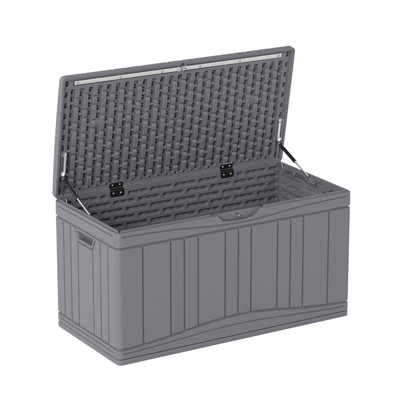 Coffre de terrasse extérieur 80 gallons avec vérins à gaz et couvercle compatible avec serrure pour colis gris