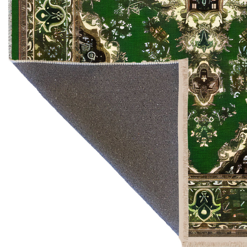 Tapis vert / noir à motifs traditionnels, Rectangle 4 pi 11,06 po x 7 pi 6,55 po