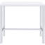 Élégant bar cinq pièces avec une structure en acier poli, une table blanche ultrabrillante et quatre tabourets sans dossier pour un décor de salle à manger rectangulaire en laque