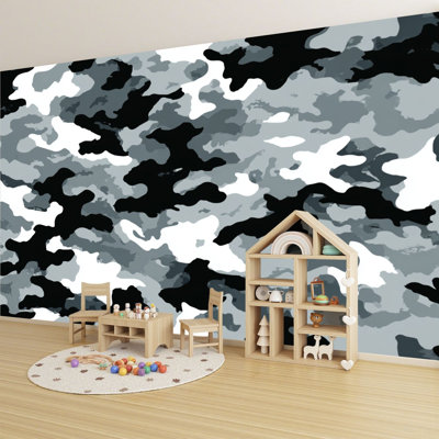 Peel and Stick Wallpaper grey military camouflage print Wall Murals 100"H x 144"W Removable PVC Wall Paper Self-Adhesive Wall Decor for Bedroom Living Room Home Office